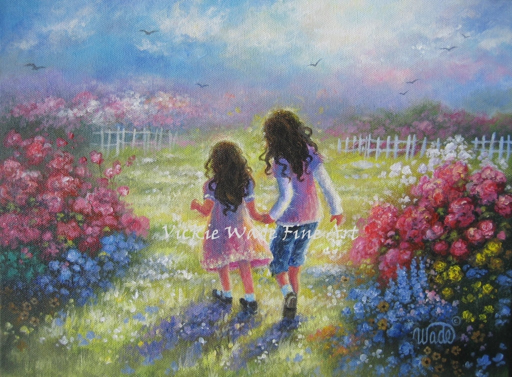 1024x755 Two Sisters Art Print Two Girls Holding Hands Girls Room - 2 Sisters Painting