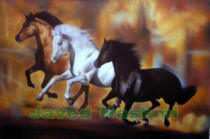 700x462 Hashmi, Javed Three Running Horses Canvas Replica Painting - 3 Horses Painting