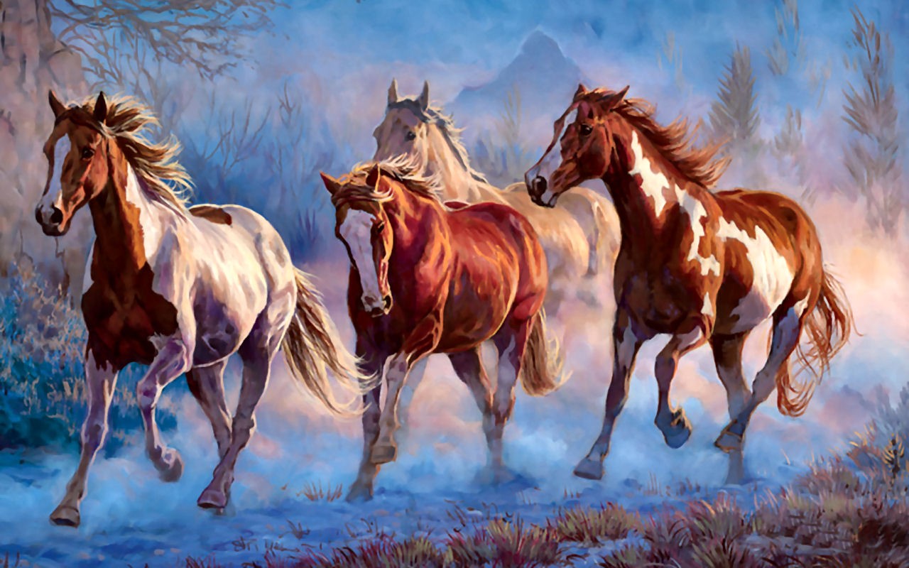 1280x800 Horses Painting Art Run Herd Animal Artwork Canter Equine Horse - 3 Horses Painting
