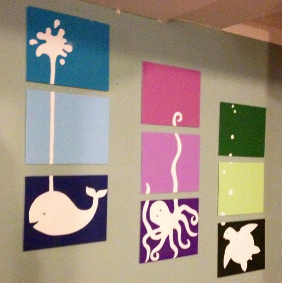 570x571 Nine Piece Marine Animal Collection By Apricotinc On Etsy - 3 Piece Octopus Painting