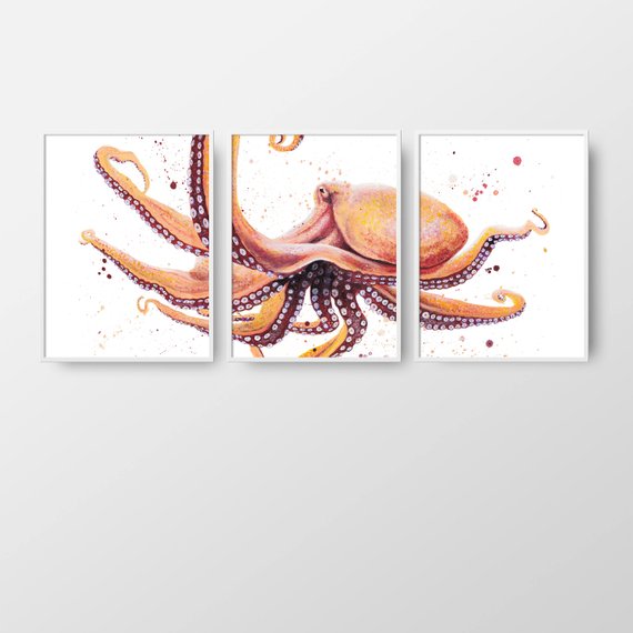 570x570 3 Piece Art Print Triptych Octopus Watercolor Painting 3 X - 3 Piece Octopus Painting