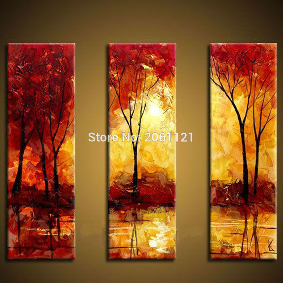 900x900 High Quality Abstract Tree Painting 3 Piece Red Yellow Canvas - 3 Piece Tree Painting