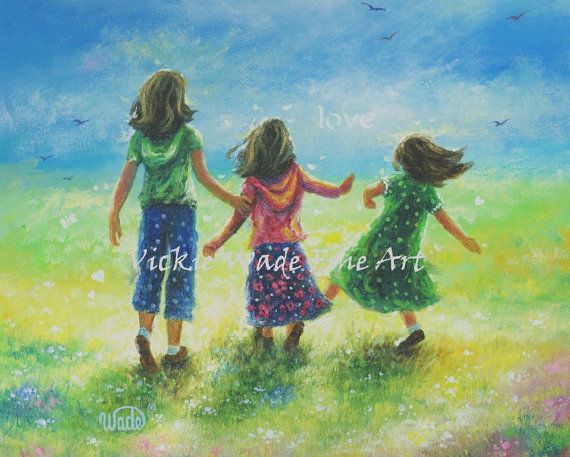 570x457 Three Sisters Art Print, Three Girls, Three Daughters, Three - 3 Sisters Painting