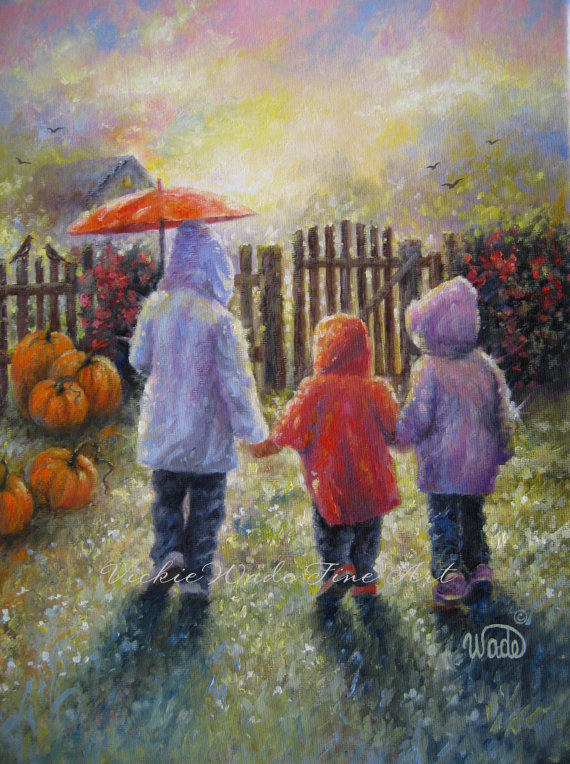 570x764 Three Sisters Art Print Autumn Paintings Pumpkins Three Girls - 3 Sisters Painting