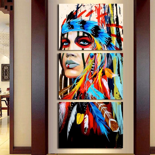 640x640 3 Pieces Native American Girl Feathered Women Modern Home Wall - 3 Women Painting