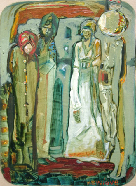 466x640 Tina Newlove Artwork 3 Women And Stop Sign Talking Original - 3 Women Painting