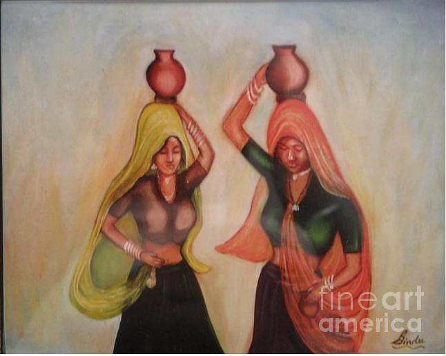646x516 Women With Pot 3 Painting By Bindu Bajaj - 3 Women Painting
