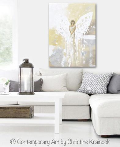 392x480 Original Angel Painting Guardian Angel Gold Grey Home Decor Large - 30x40 Painting