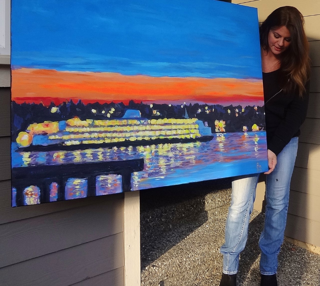 1280x1147 Seattle Pier Ferry Reflections Large Original Painting X 48 - 36 X 48 Painting