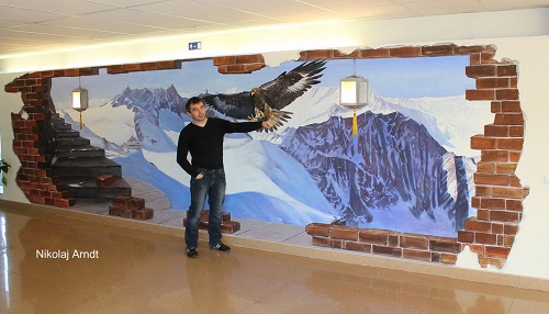 500x286 Realistic Picturesque Landscape Of Snowy Mountains And An Eagle - 3d Landscape Painting