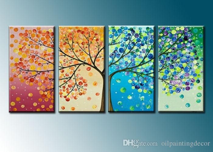 700x500 Hand Painted 4 Season Tree Painting On Canvas 4 Piece Home - 4 Seasons Tree Painting