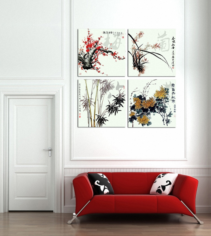 800x894 Four Gentlemen Among Flowers 4 Panel Square Set Chinese Art Oil - 4 Square Canvas Painting