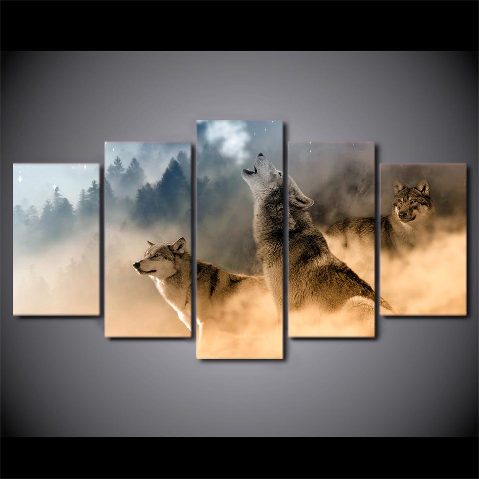 960x960 Hd Printed 5 Piece Canvas Art Howling Wolf In Clouds Painting - 5 Painting