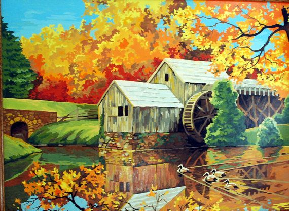 570x416 Big 50s Paint By Number Old Mill Stream - 50s Painting