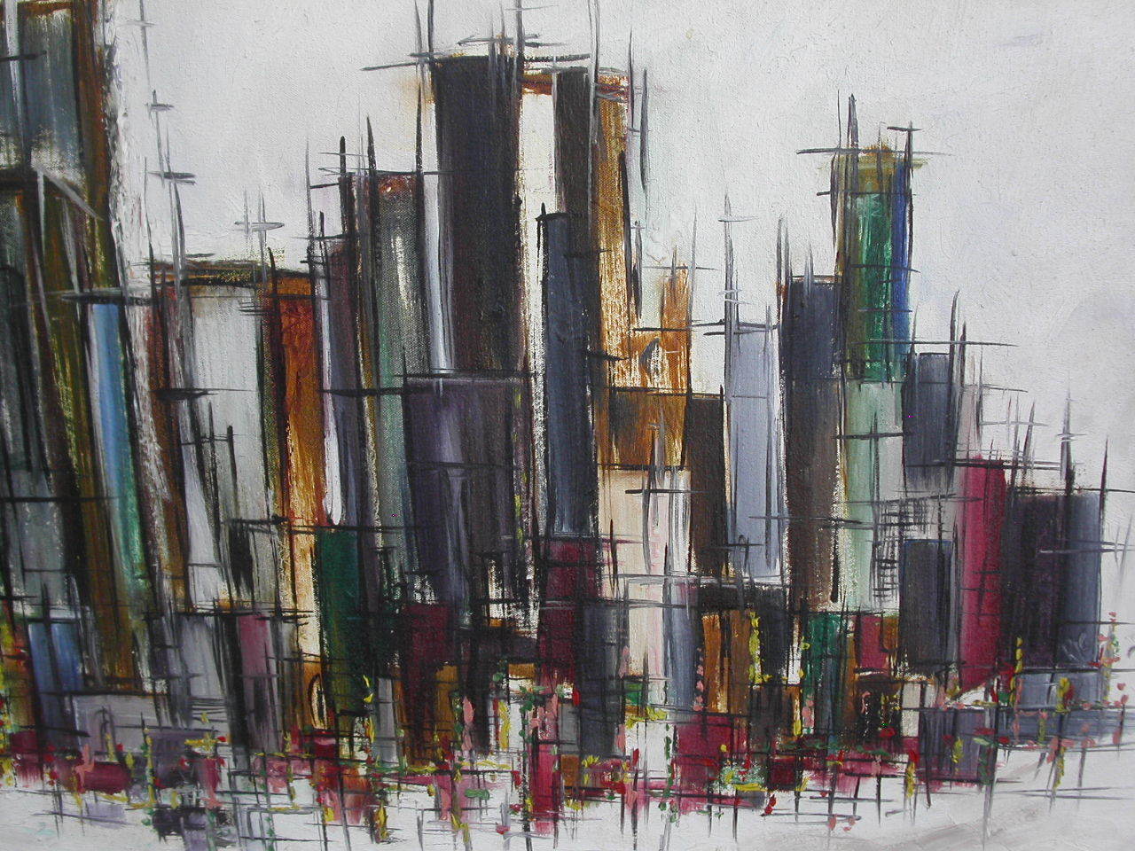 1280x960 Original Vintage 60s Abstract City Scape Painting Retro Squad - 60s Painting