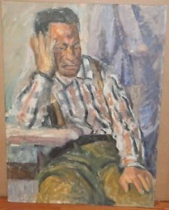 242x300 Thinkingdozing Man Expressionist Oil Painting 50s60s Israel - 60s Painting