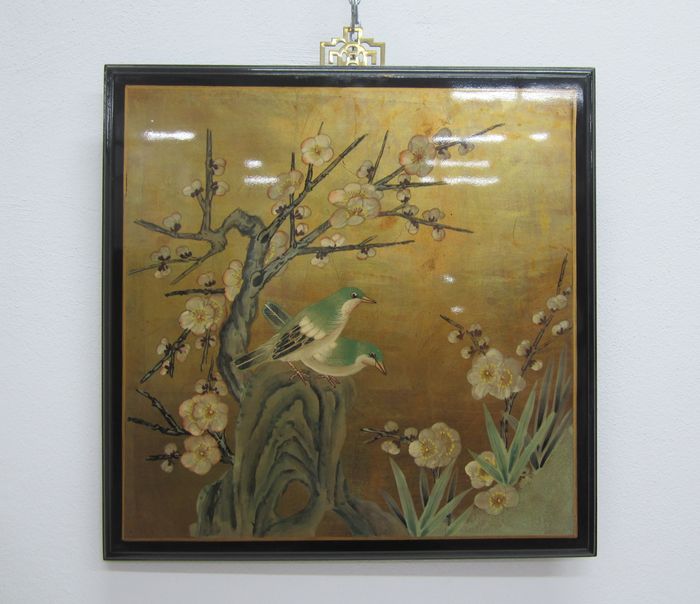 700x604 Hand Painted Chinese Laquer Paintings, Gold Leaf Finishes - 70s Painting