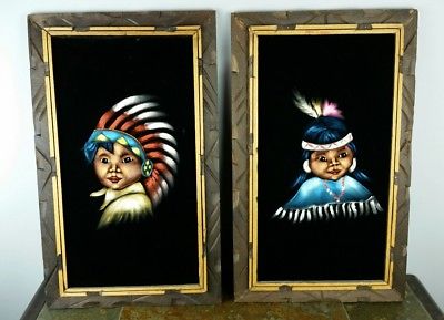 400x289 Vintage 70's Set Of 2 Native American Indian Children Velvet - 70s Velvet Painting