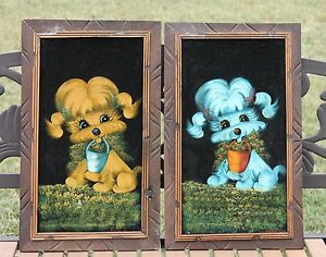 300x236 Vintage 70s Black Velvet Painting Pair Adorable Dogs Colorful Cute - 70s Velvet Painting