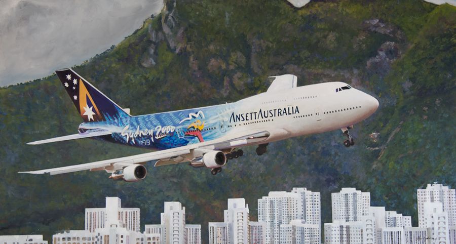 900x482 Painting Of An Ansett 747 Landing In Hong Kong. Painting In Oils - 747 Painting