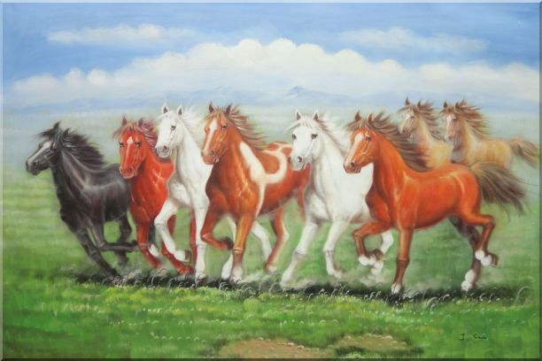 612x408 Eight Joyful Running Horses In Green Field Oil Painting Animal - 8 Horses Painting