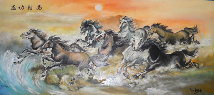 720x320 Sold Ii Malacca Batik Art - 8 Horses Painting