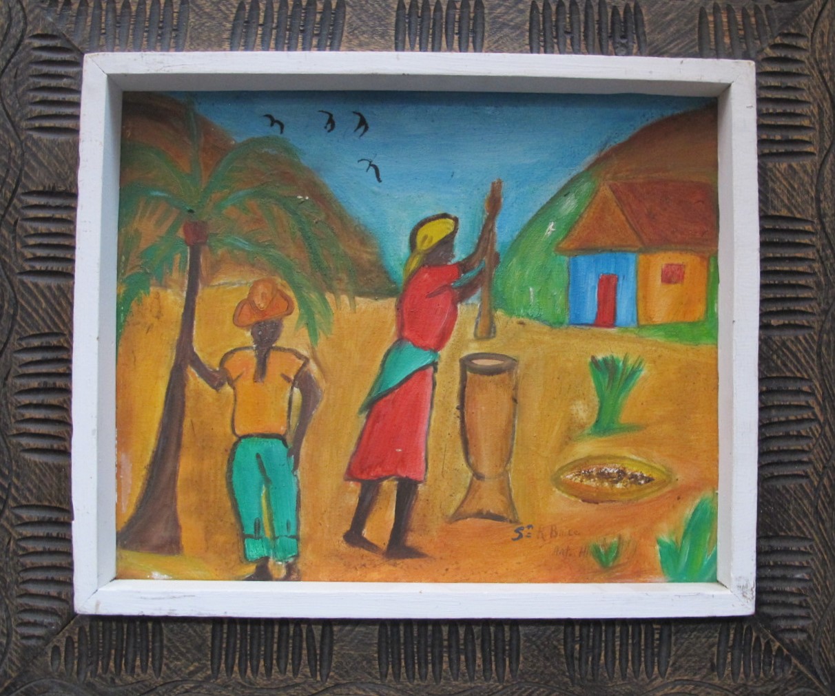 1212x1011 Haitian Folk Art Painting By R. Brice, Life Scene 9 X 12 Y.70'S - 80s Painting