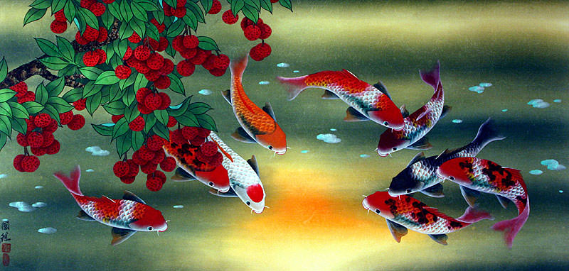 800x382 Huge Koi Fish And Lychee Fruit Painting - 9 Koi Fish Painting