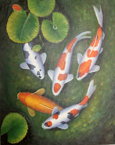 397x500 Koi Fish In Lily Pond Oil Painting On Stretched Canvas 20x24 Ready - 9 Koi Fish Painting