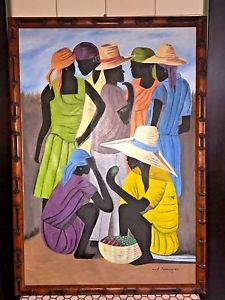 225x300 Vintage 1980s 90s Haiti Haitian Artist A. Karram Large Painting - 90s Painting