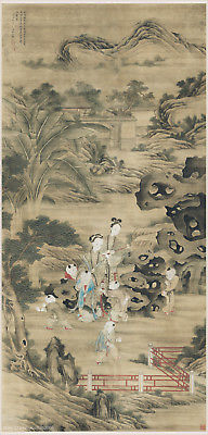 192x400 Chinese Antique Scroll Painting On Silk Children - A Birthday Painting Shen Quan