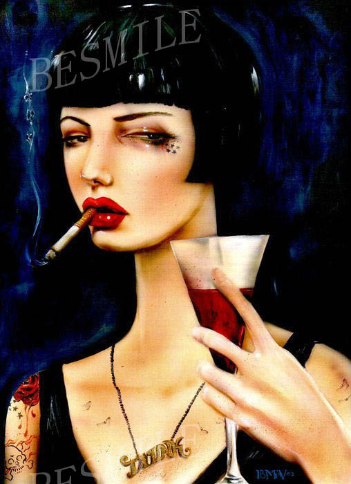 508x700 Handmade Canvas Painting Reproduction,cheerz Bitch,smoking Red Lip - A Bitch Painting