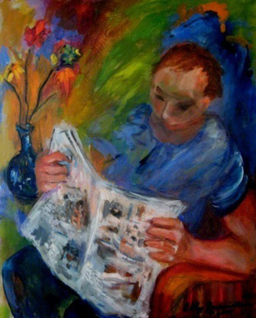 514x640 Abby Rubinstein Artwork Man Reading A Newspaper Original - Abby Painting