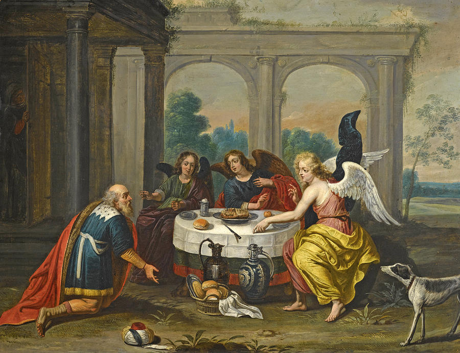 900x691 Abraham Receiving The Three Angels Painting By Follower Of Peter - Abraham And The Three Angels Painting