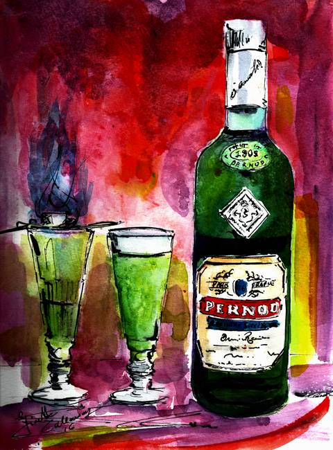 480x650 Absinthe For Two Pernod Bottle Watercolor Painting By Ginette Callaway - Absinthe Painting