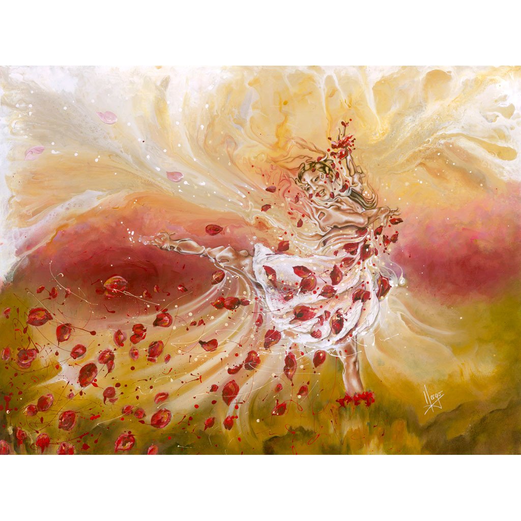 1024x1024 Figurative Ballerina Woman With Red Flower Petals Painting - Abstract Ballerina Painting