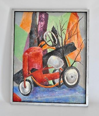 342x400 F Levy Vtg Mid Century Modern Abstract Bike Bicycle Art Oil - Abstract Bike Painting