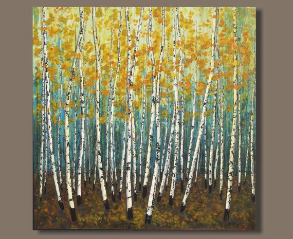 570x465 Free Ship Large Painting, Semi Abstract Landscape Painting, Tree - Abstract Birch Tree Painting