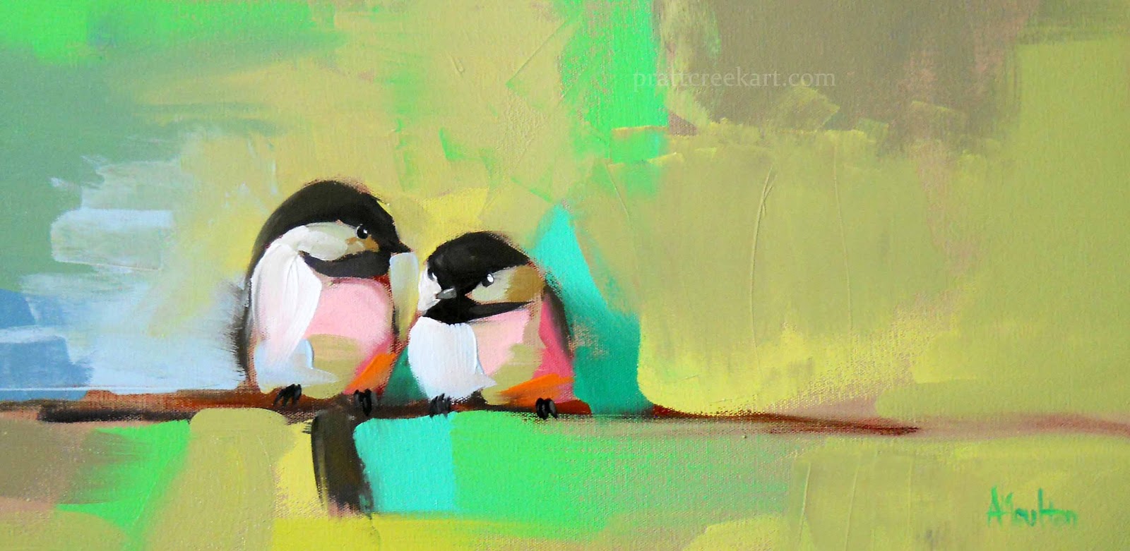 1600x781 Two Chickadees No. 21 Original Abstract Bird Painting Angela - Abstract Bird Painting