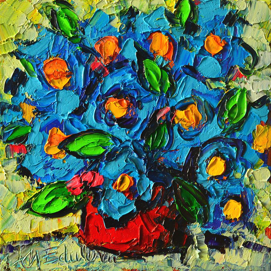 900x900 Abstract Blue Poppies In Red Vase Modern Original Palette Knife - Abstract Blue Oil Painting