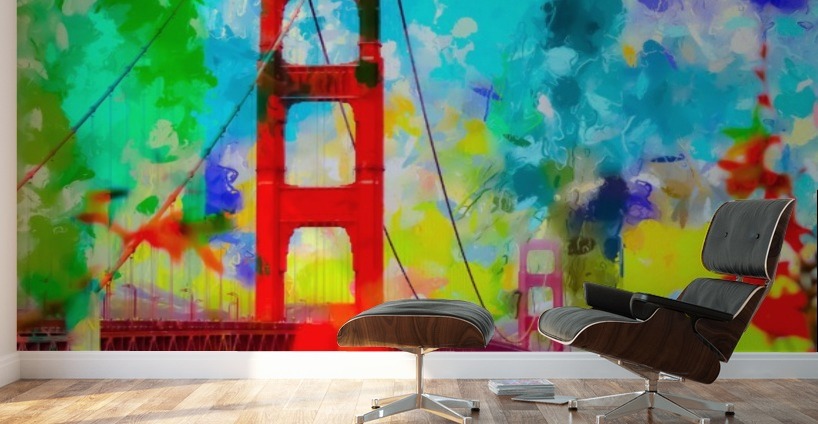 818x424 Golden Gate Bridge, San Francisco, Usa With Blue Yellow Green - Abstract Bridge Painting