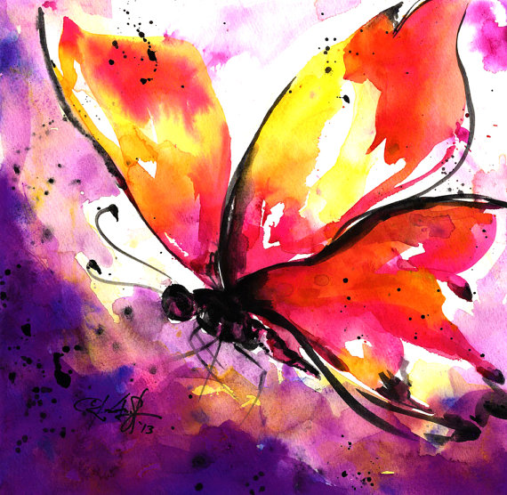 570x556 Butterfly Watercolor Painting, Pink, Purple, Yellow, Purple - Abstract Butterfly Painting