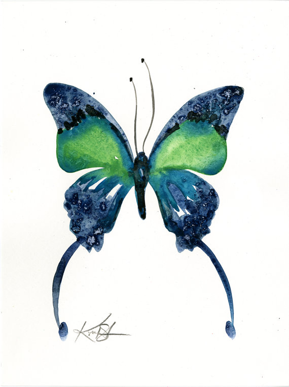 570x762 Abstract Butterfly Watercolor Painting Lime Green Blue - Abstract Butterfly Painting