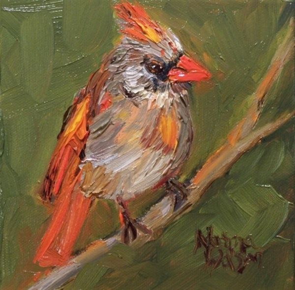 600x590 Norma Wilson Original Oil Red Cardinal Bird Painting Original Art - Abstract Cardinal Painting