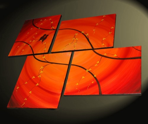 500x418 Custom 47x37 Love Birds Cherry Blossom Painting Burnt Orange - Abstract Cherry Blossom Painting