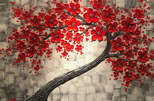 498x329 Red Cherry Blossom - Abstract Cherry Blossom Painting