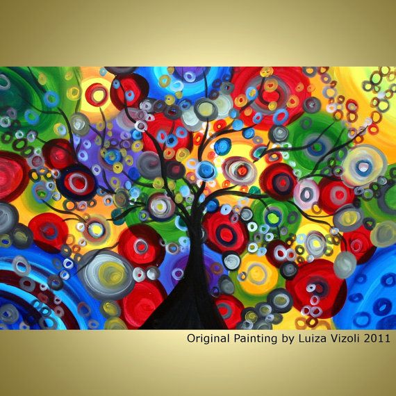 570x570 Abstract Painting Whimsical Tree Colorful Art 36x24 Lights - Abstract Christmas Painting