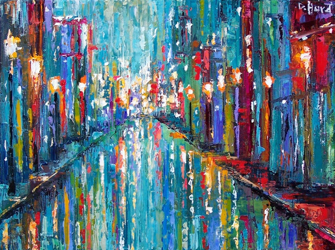 667x497 Abstract Cityscape Painting Rainy Street Scene Art City Paintings - Abstract City Painting