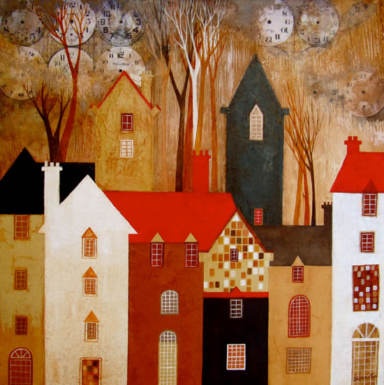 550x551 Time Clock Houses - Abstract Clock Painting