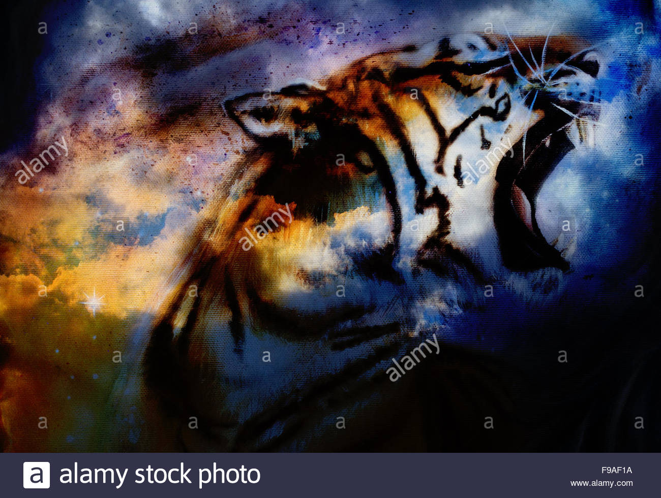 1300x981 Tiger Painting Collage On Abstract Cloud Background, Wildlife - Abstract Cloud Painting
